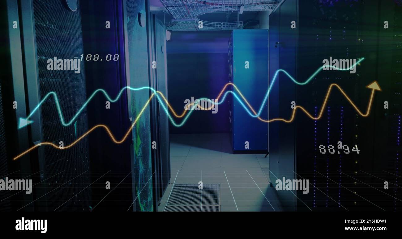 Image of financial data processing over server room Stock Photo