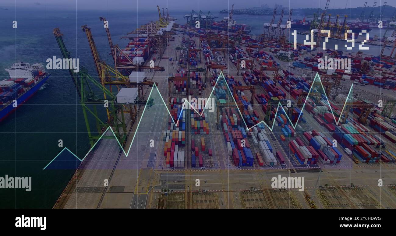 Image of financial data processing over shipyard Stock Photo