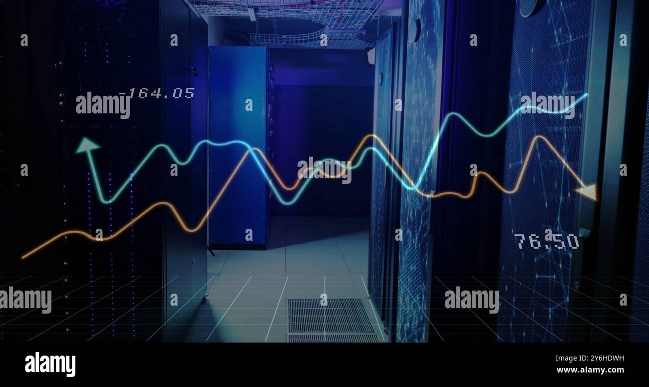 Image of financial data processing over server room Stock Photo