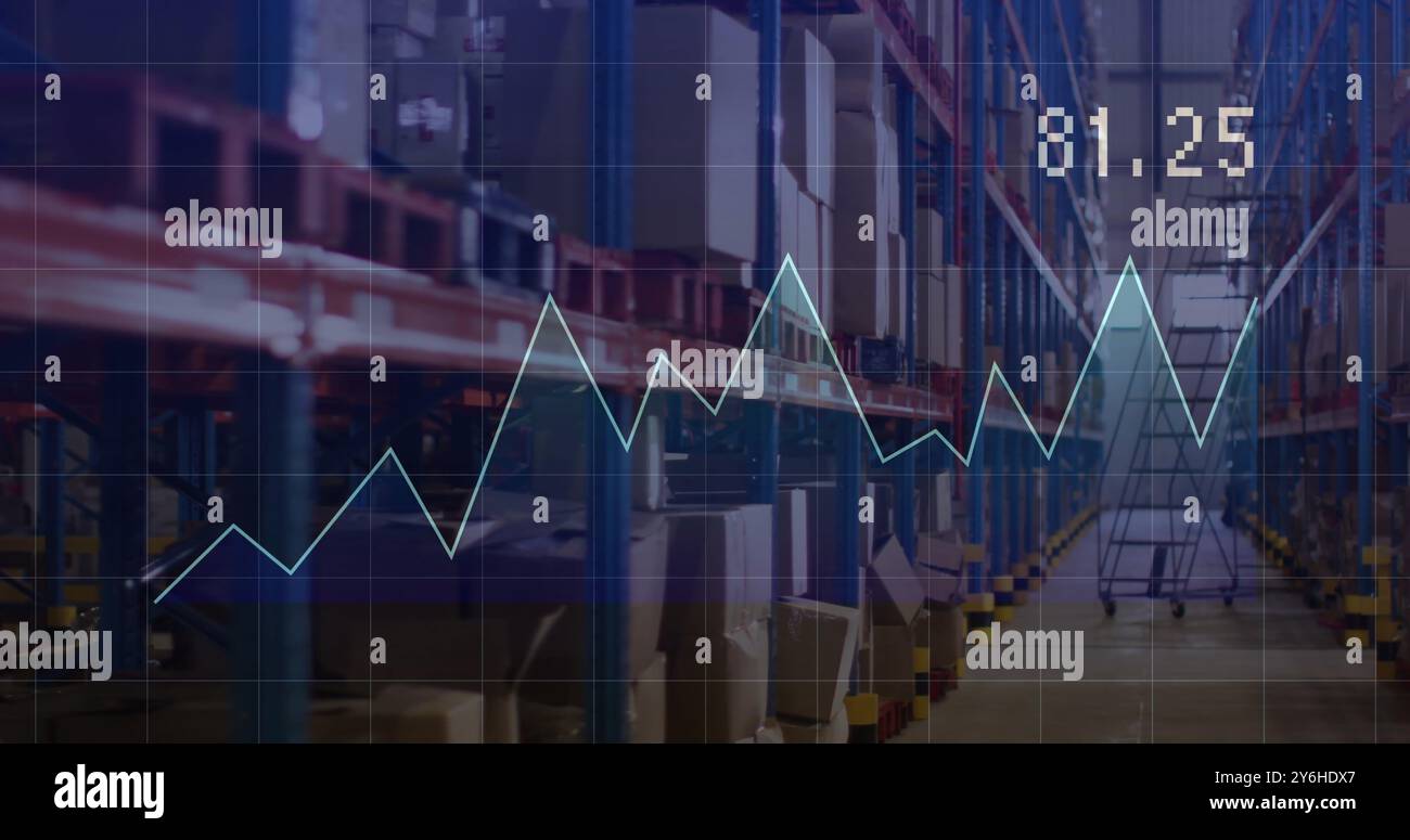 Image of financial data processing over warehouse Stock Photo