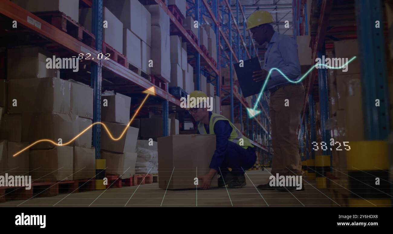 Image of financial data processing over diverse workers in warehouse Stock Photo