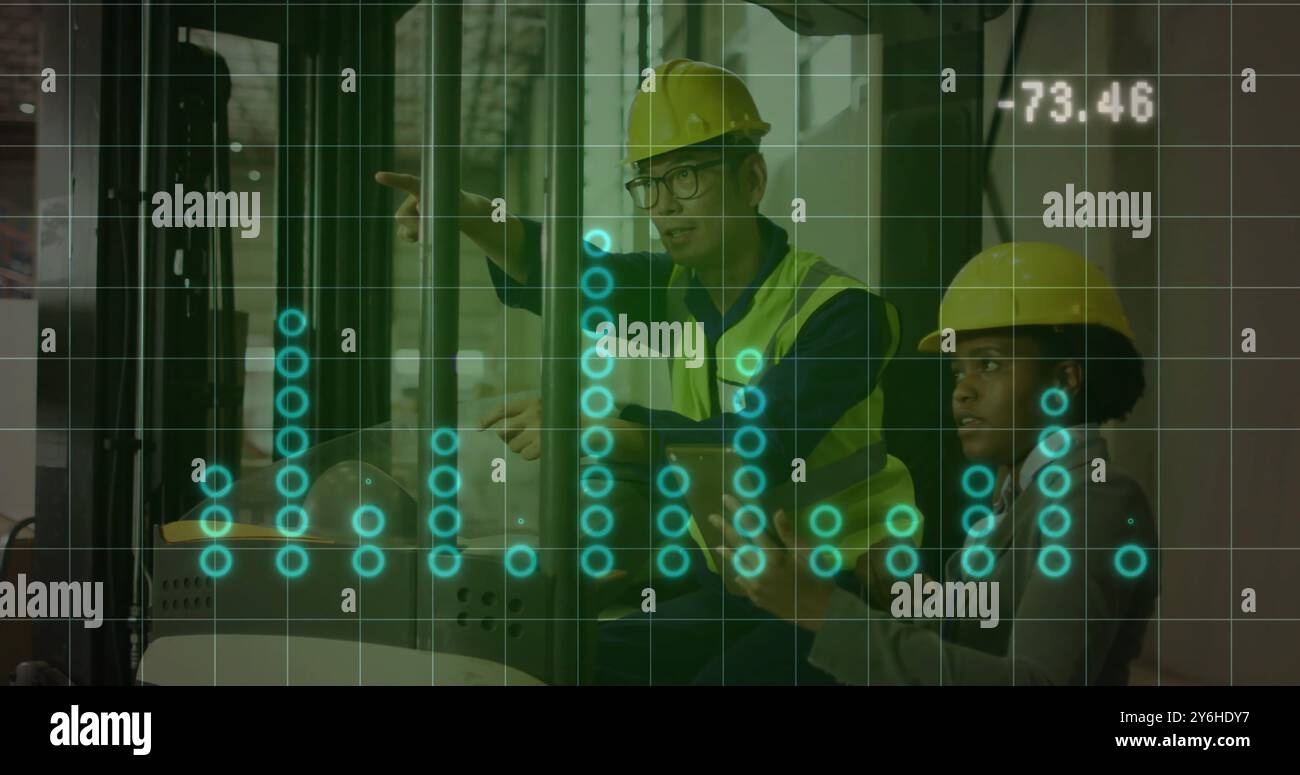 Image of financial data processing over diverse workers in warehouse Stock Photo