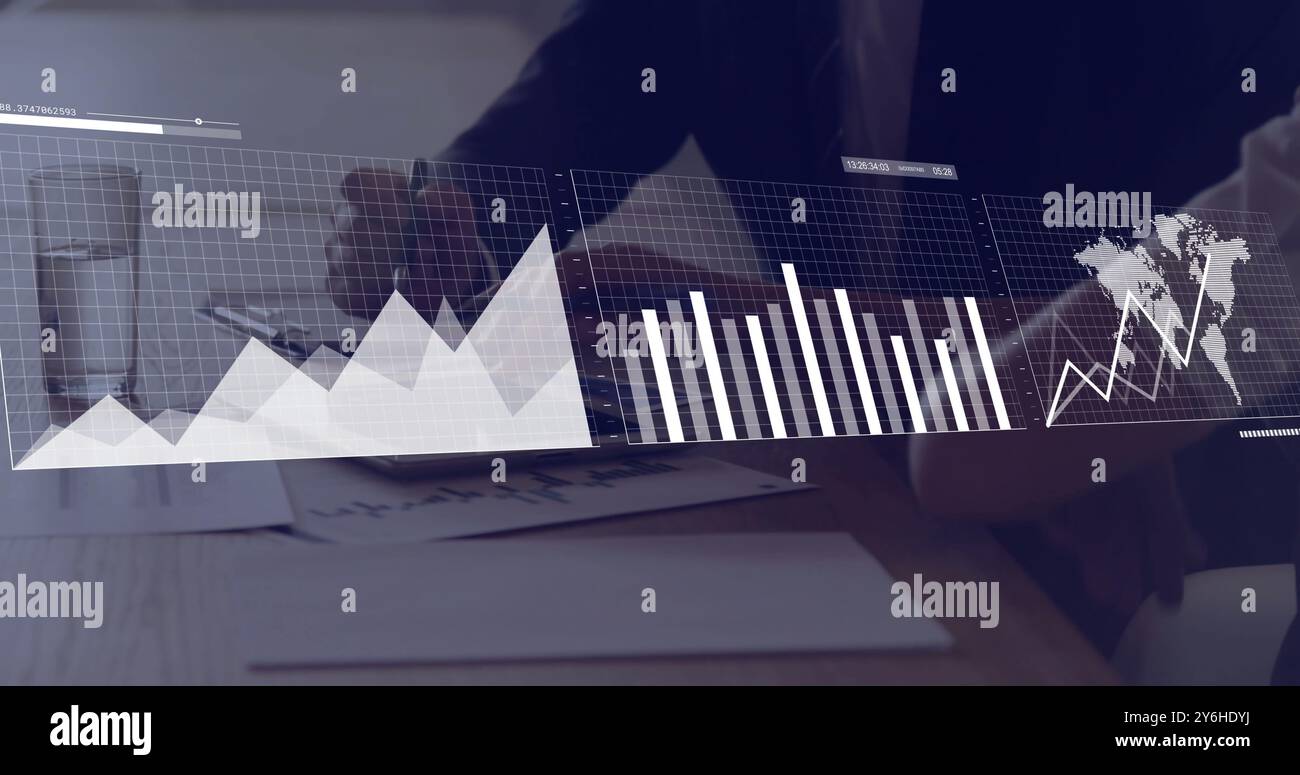 Image of financial data processing over diverse business people in office Stock Photo