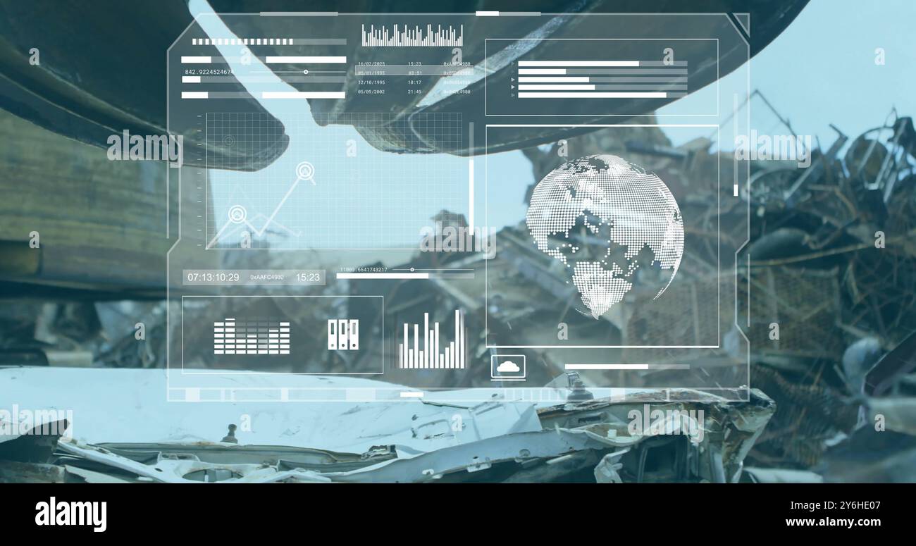 Data analysis image over wrecked vehicles in junkyard Stock Photo