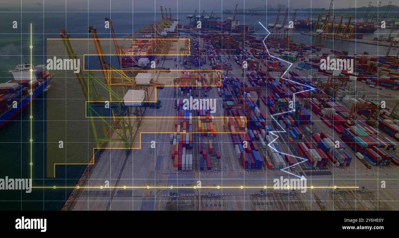 Image of financial data processing over shipyard Stock Photo