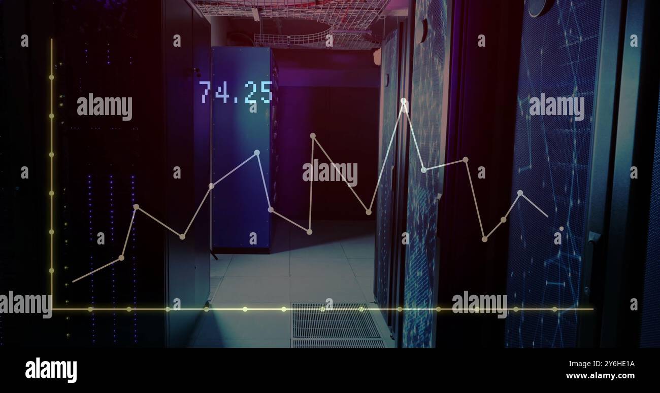 Image of financial data processing over server room Stock Photo