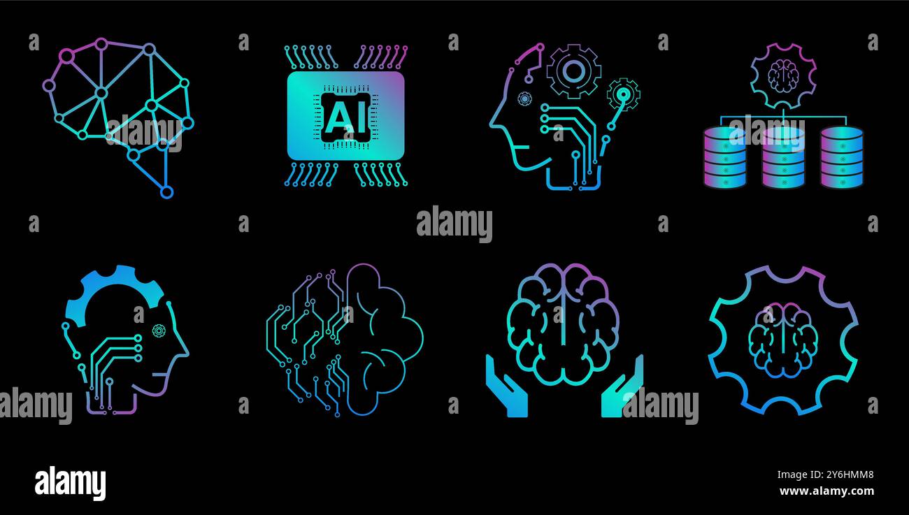 8 artificial intelligence icons, 8 AI icon sets vector, illustration ...