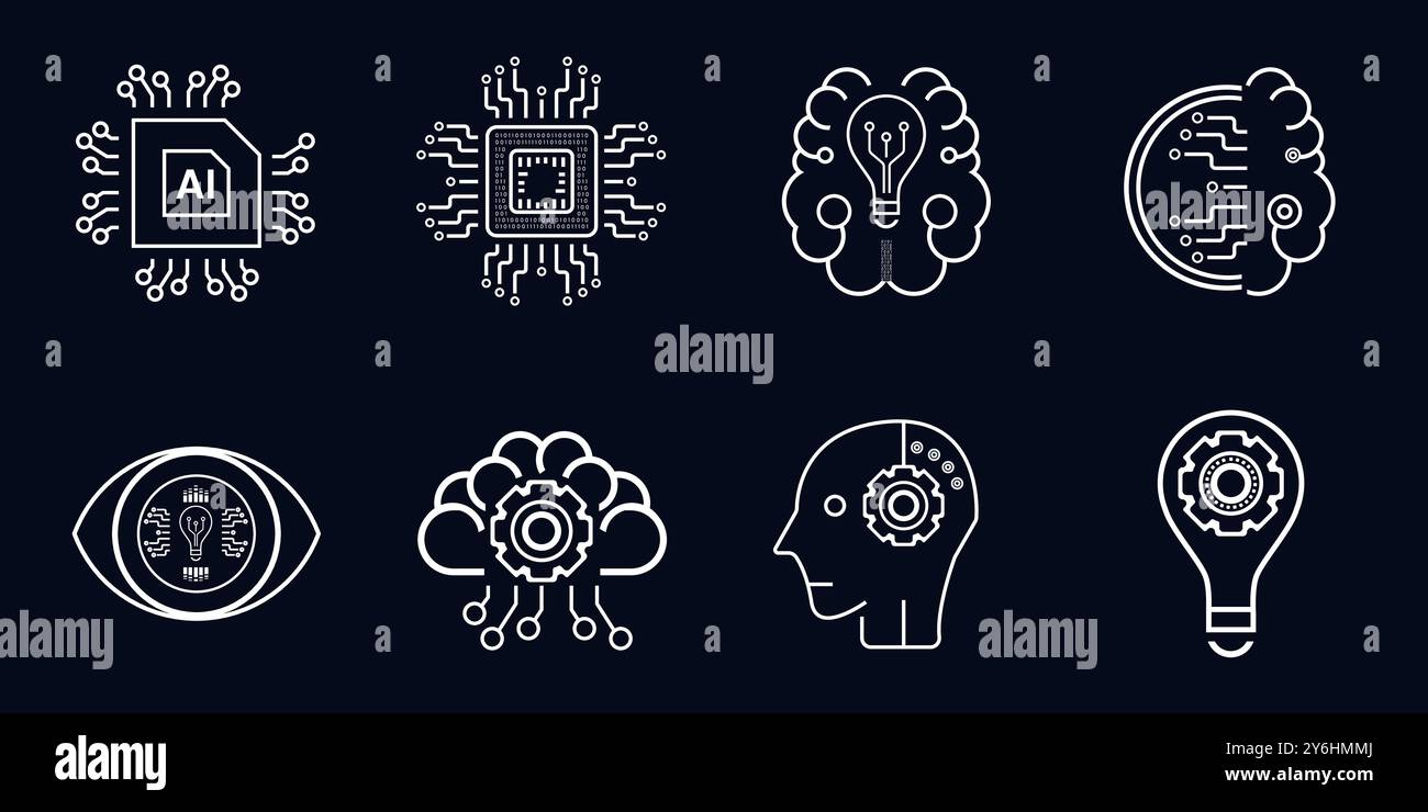 Group of artificial intelligent icons and symbols on dark background ...