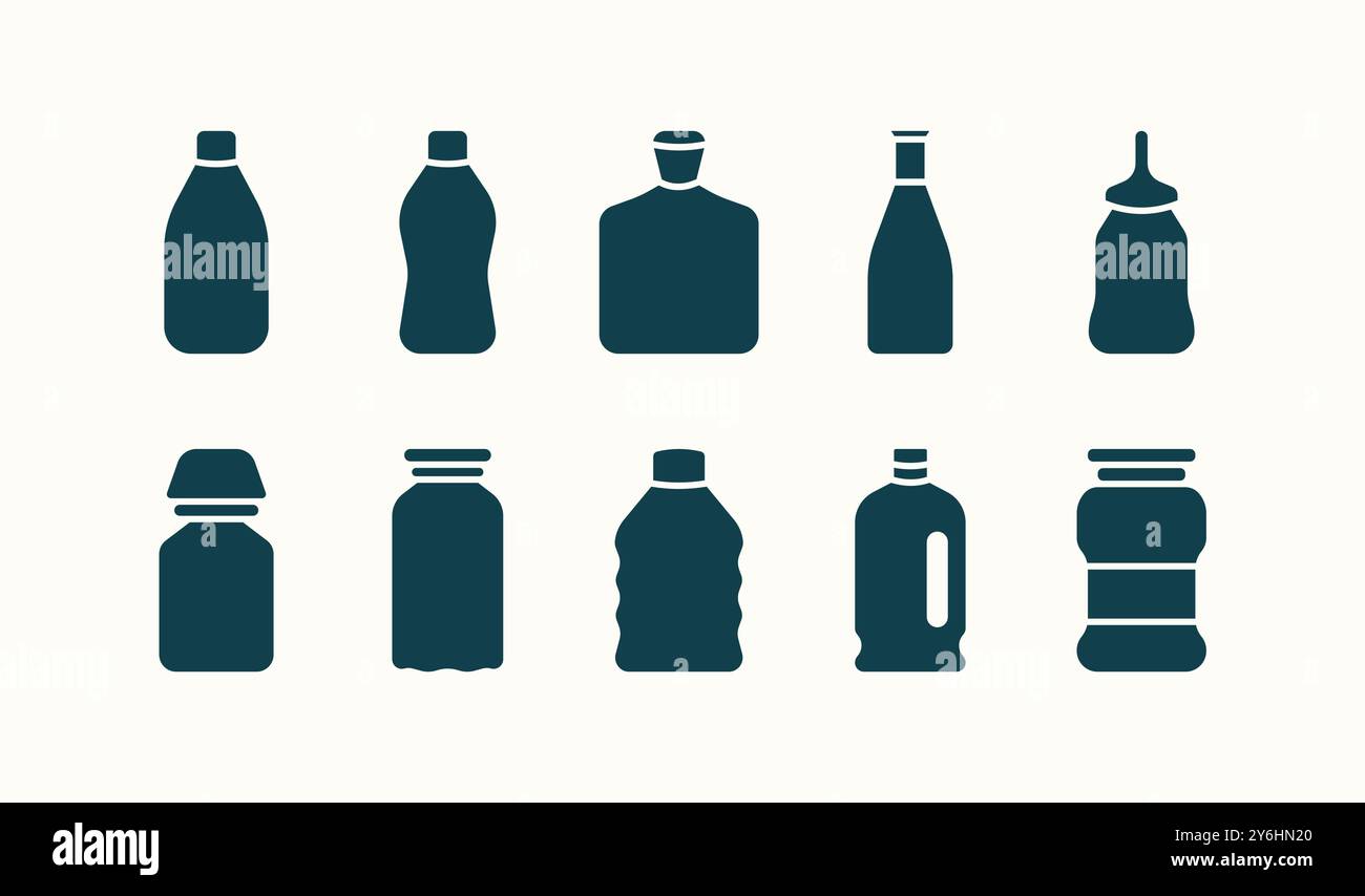 Empty bottle and jar with various style flat color illustration icon set Stock Vector