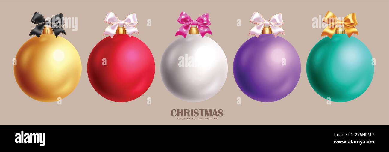 Christmas balls vector set design. Balls christmas ornament in colorful, shiny, glossy and round elements with ribbon tie in elegant isolated Stock Vector