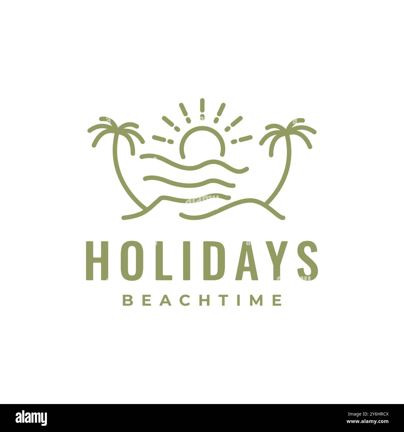 beach holidays vacation sunset coconut trees line style simple logo design vector icon illustration Stock Vector