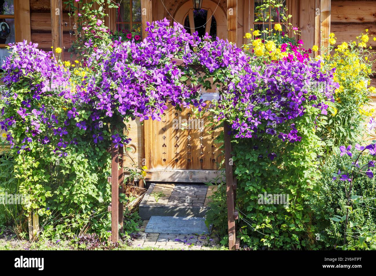the flowers on the front gate form an arch Stock Photo