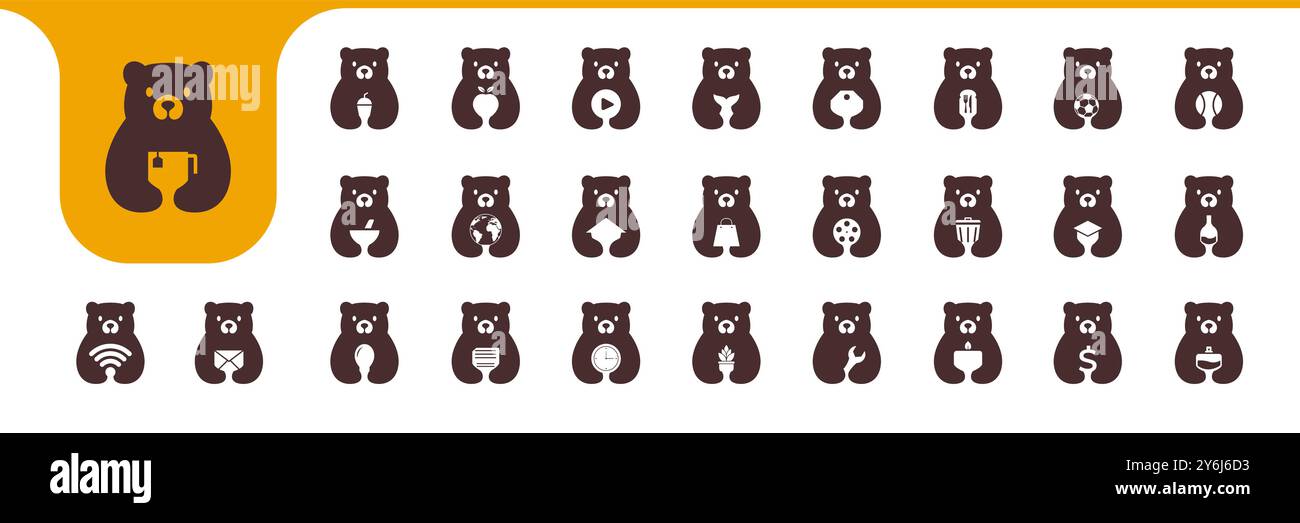 bear flat mascot minimal icon collection set logo design vector Stock Vector