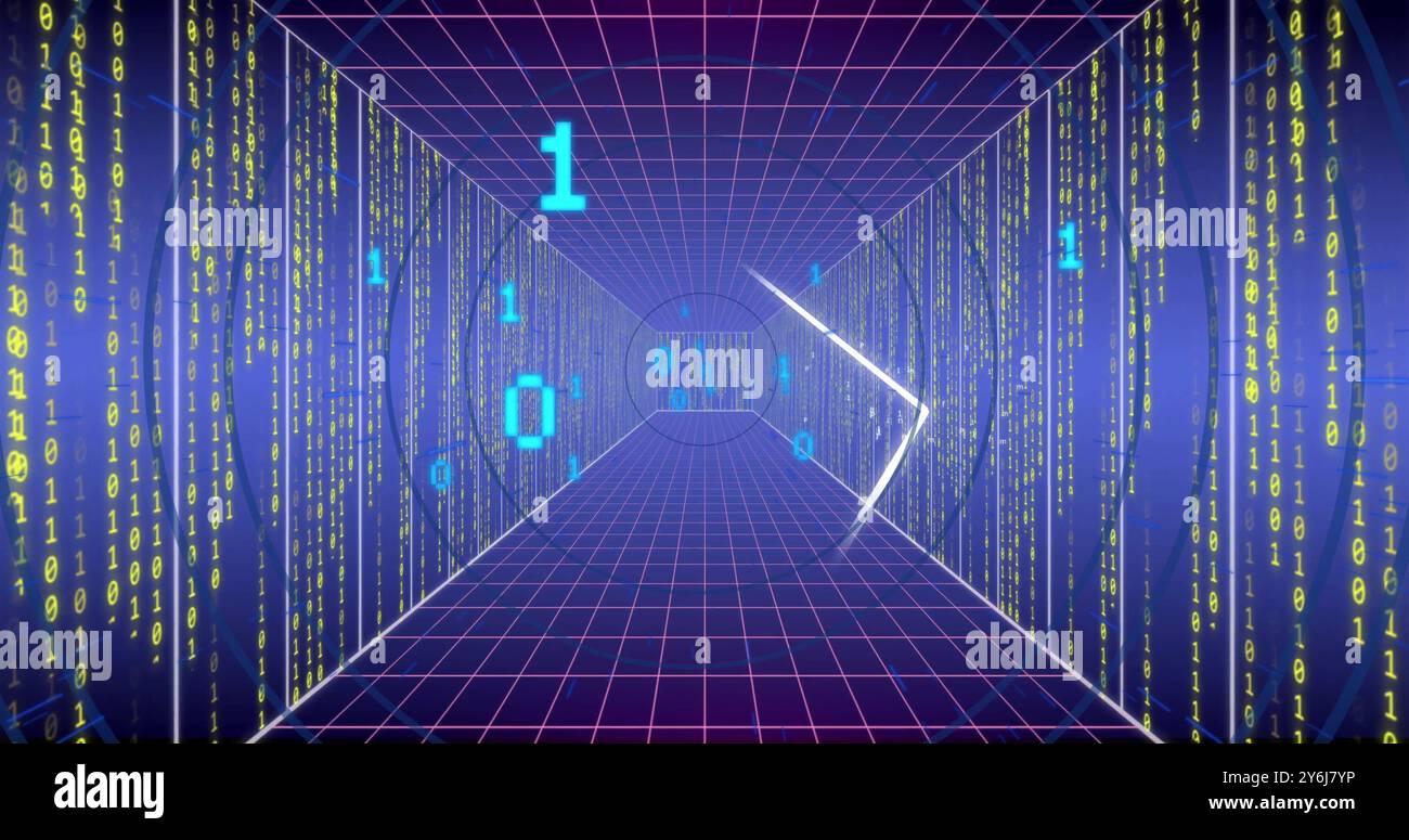 Image of binary coding and digital data processing over computer servers Stock Photo