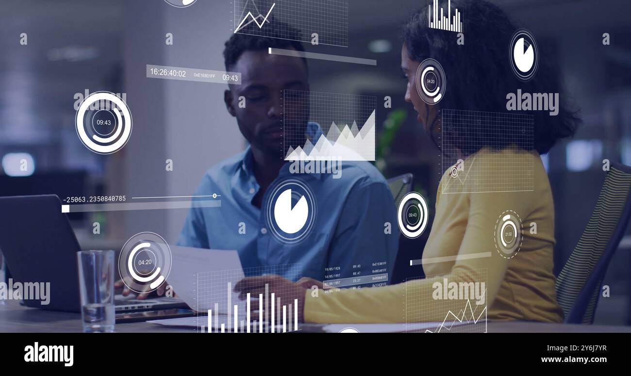 Image of data processing over diverse business people in office Stock Photo