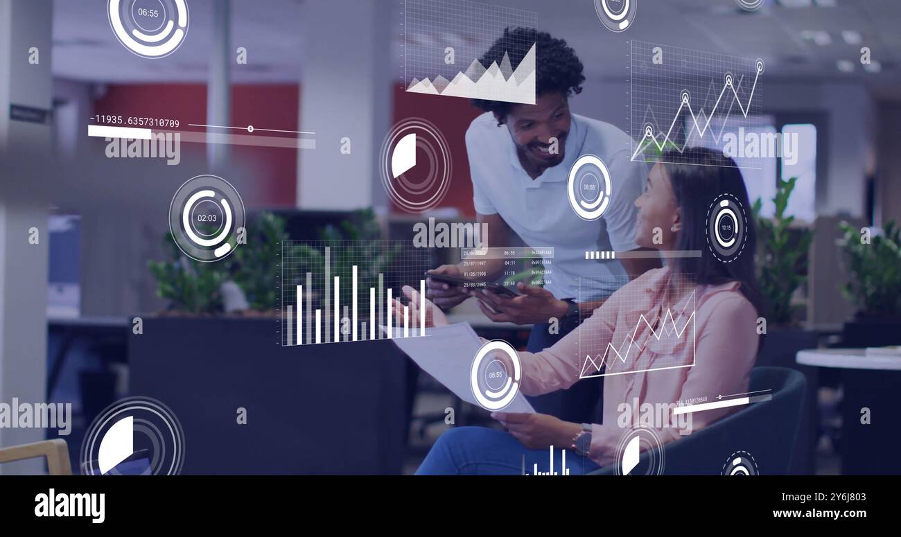 Image of data processing over diverse business people in office Stock Photo