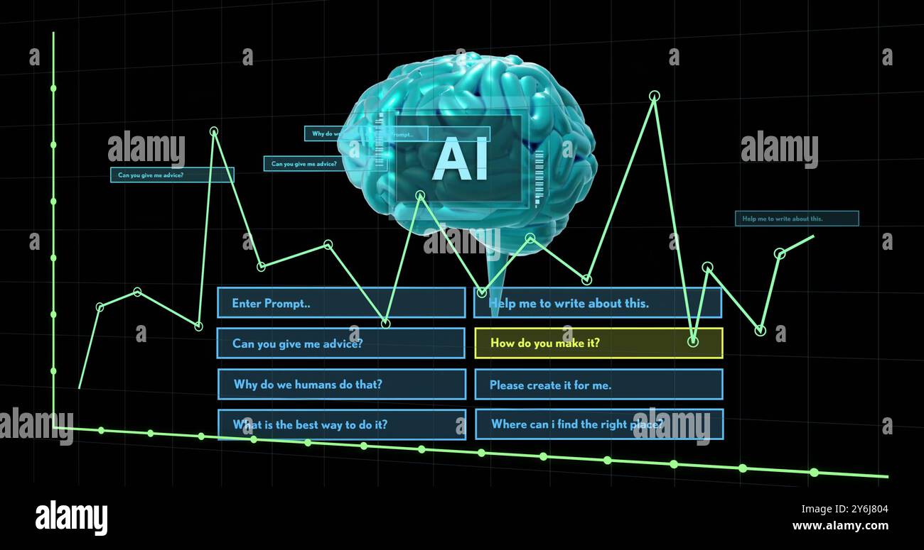 Image of ai text, brain and digital data processing over black background Stock Photo