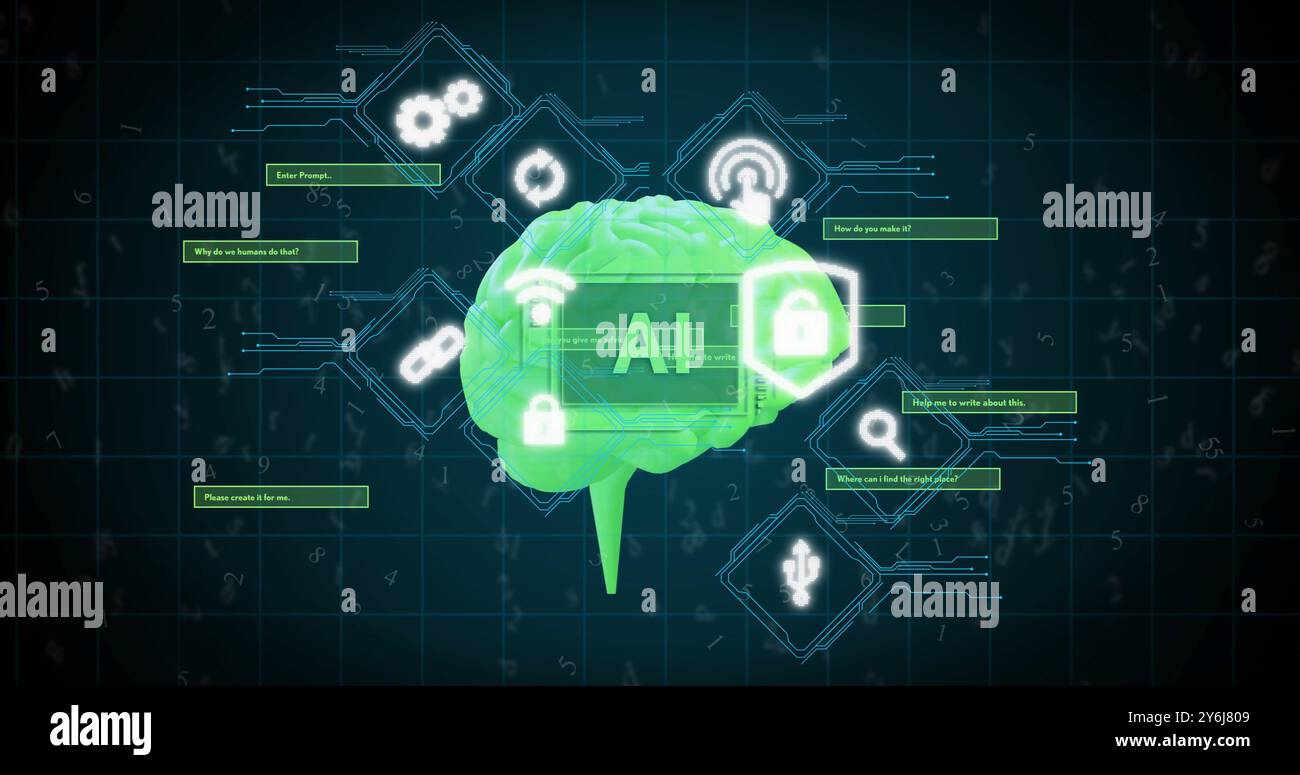 Image of ai text, brain and digital data processing over black background Stock Photo