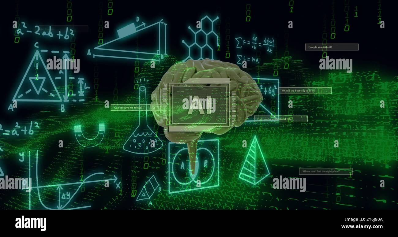 Image of ai text, brain and digital data processing over black background Stock Photo