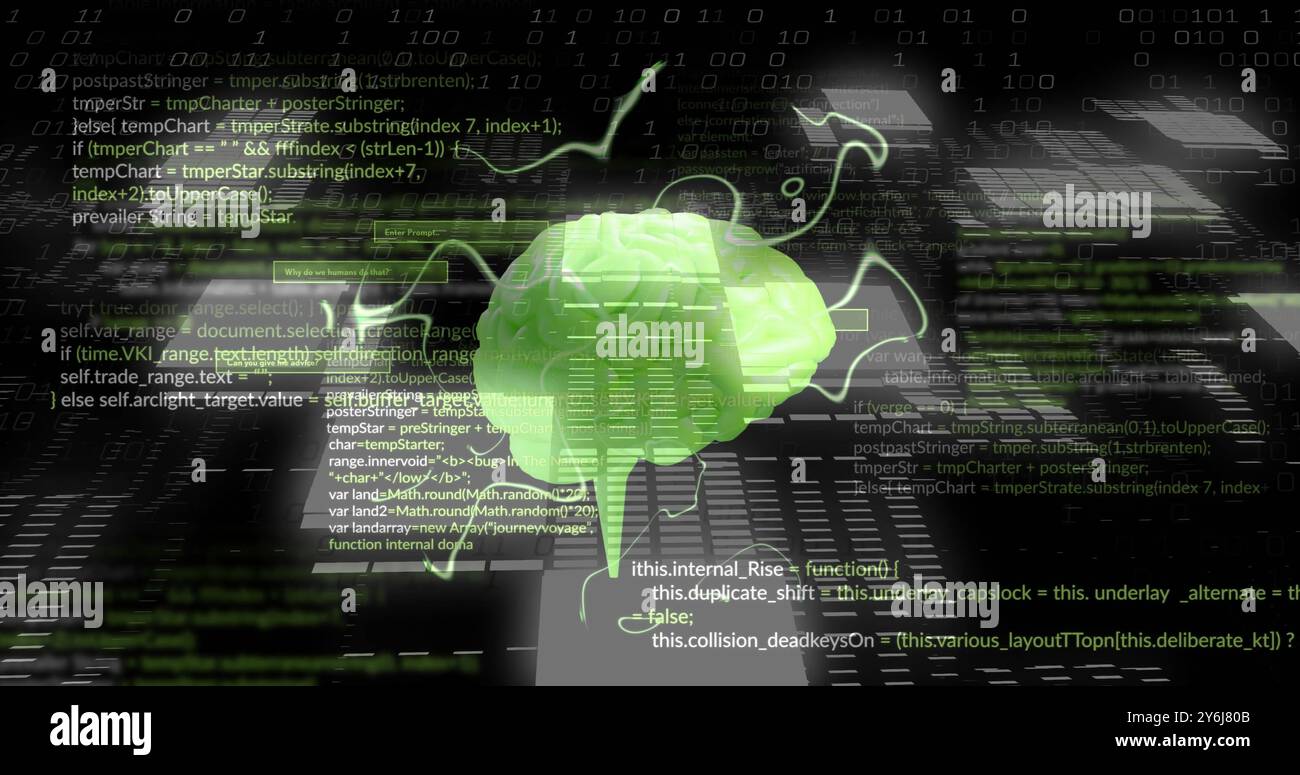 Image of glowing brain and digital data processing over black ...