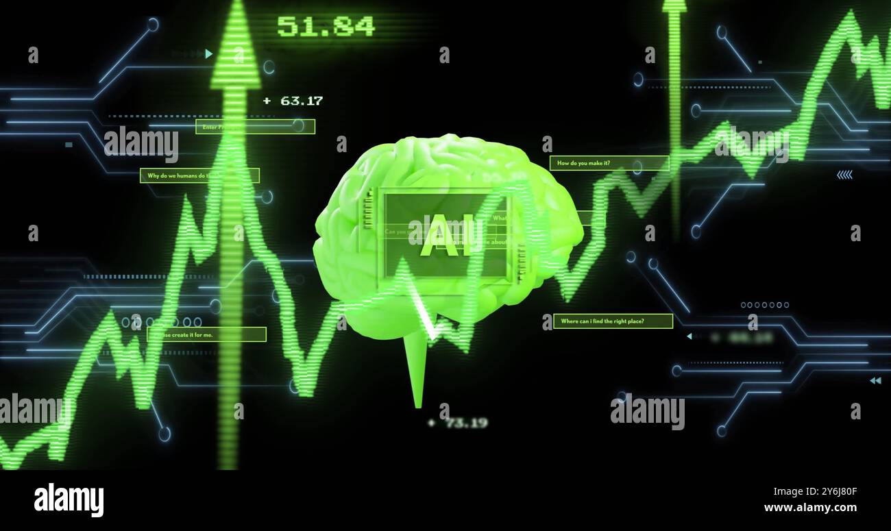 Image of ai text, brain and digital data processing over black background Stock Photo