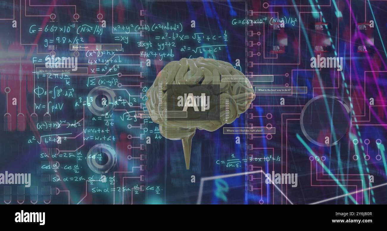 Image of ai text, brain and digital data processing over black background Stock Photo