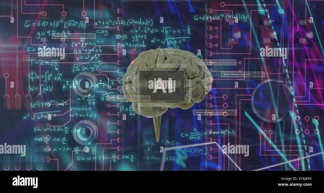Image of ai text, brain and digital data processing over black background Stock Photo