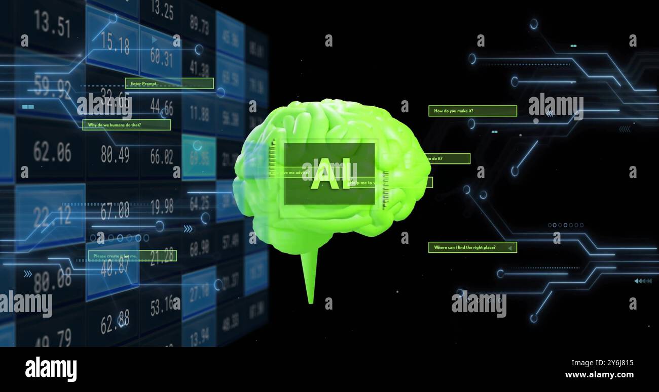 Image of ai text, brain and digital data processing over black background Stock Photo
