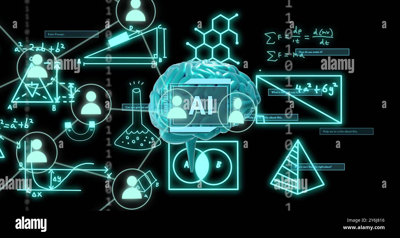 Image of ai text, brain and digital data processing over black background Stock Photo