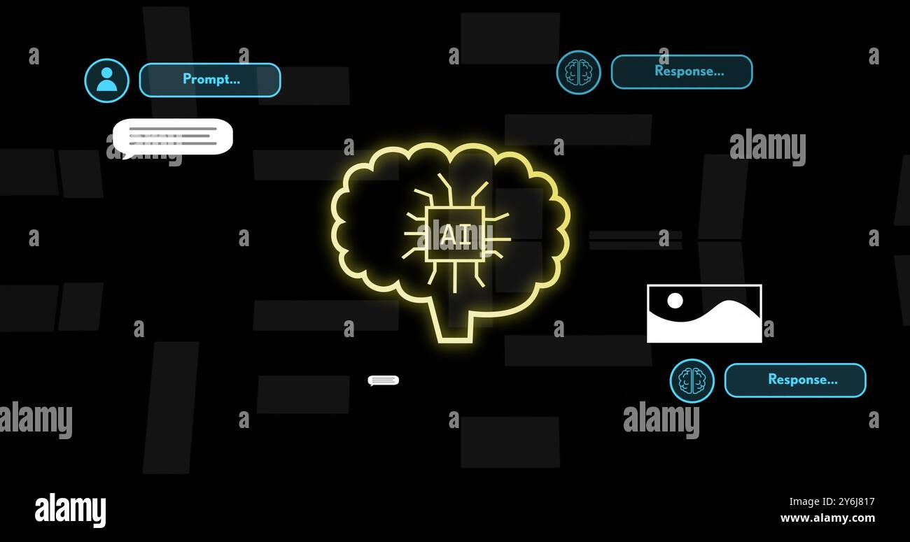 Image of ai text, brain and digital data processing over black background Stock Photo
