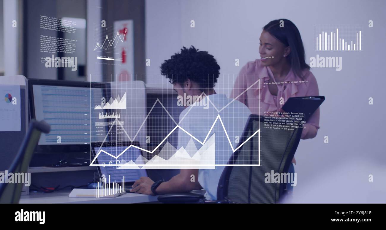 Image of data processing over diverse business people in office Stock Photo