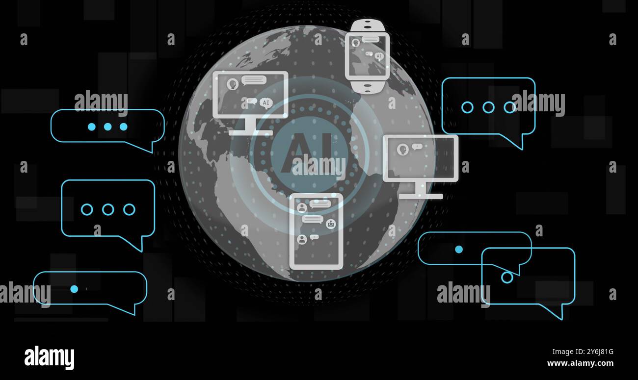 Image of ai text, globe and digital data processing over black background Stock Photo