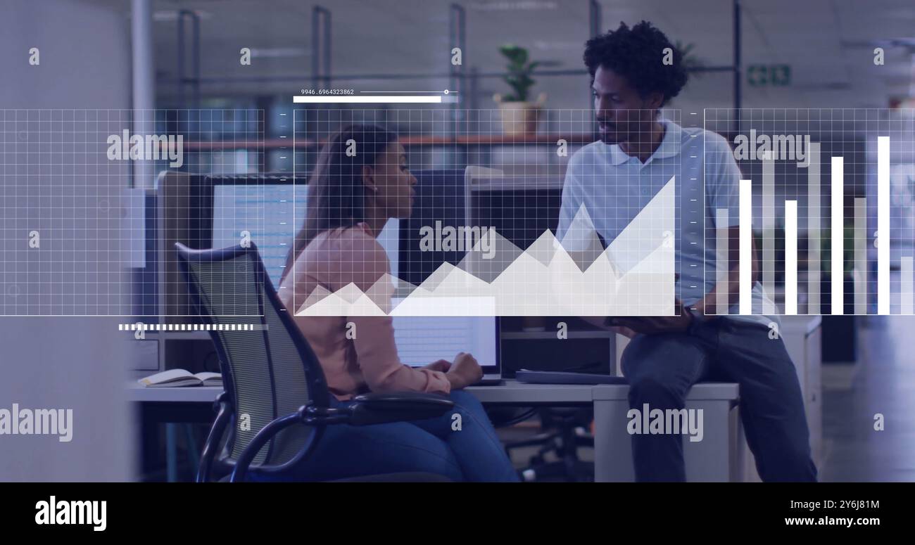 Image of data processing over diverse business people in office Stock Photo