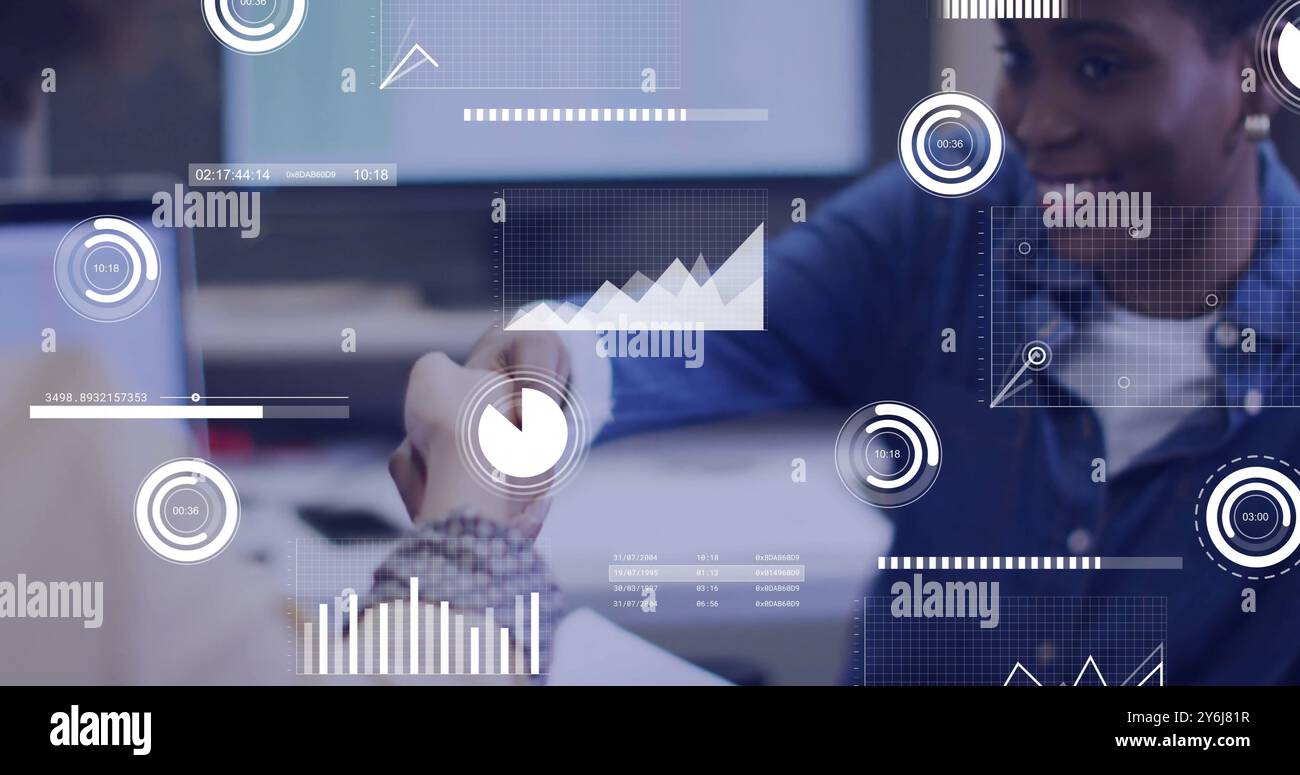 Image of data processing over diverse business people in office Stock Photo