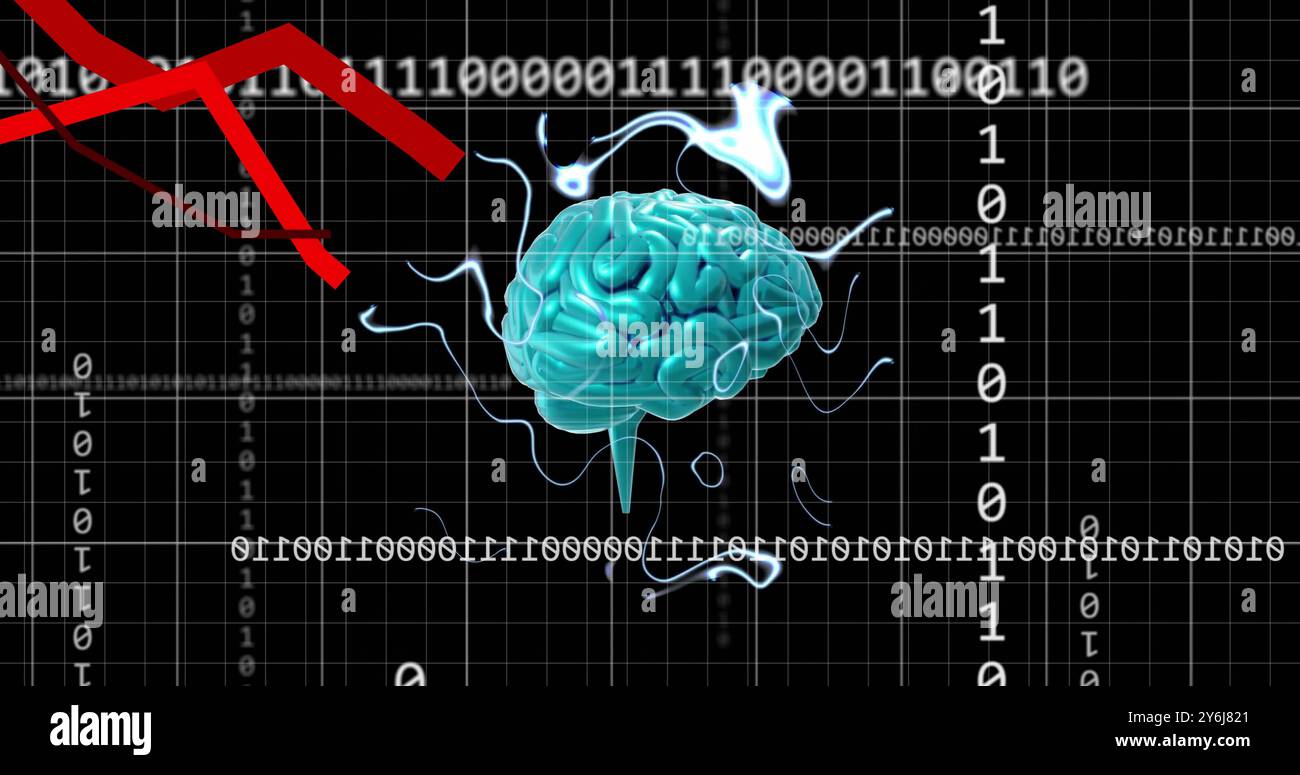 Image of brain, binary coding and digital data processing over black background Stock Photo
