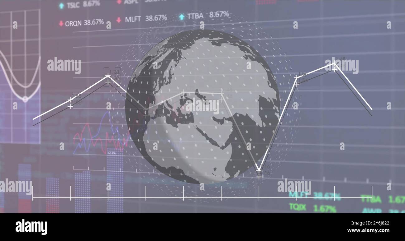 Image of globe and digital data processing over black background Stock Photo