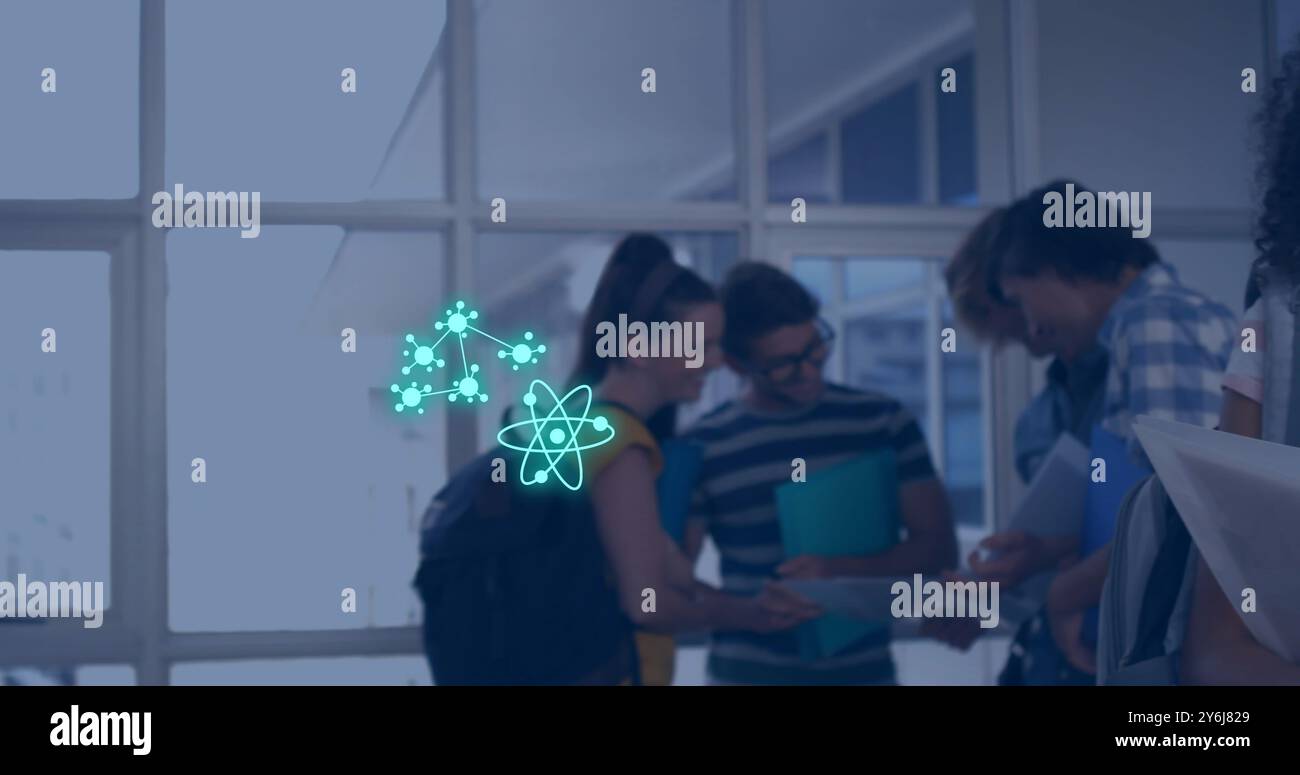 Image of equations and atomic structures over happy biracial female student in school corridor Stock Photo