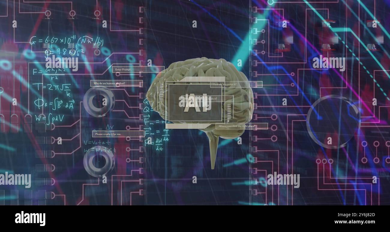 Image of ai text, brain and digital data processing over black background Stock Photo