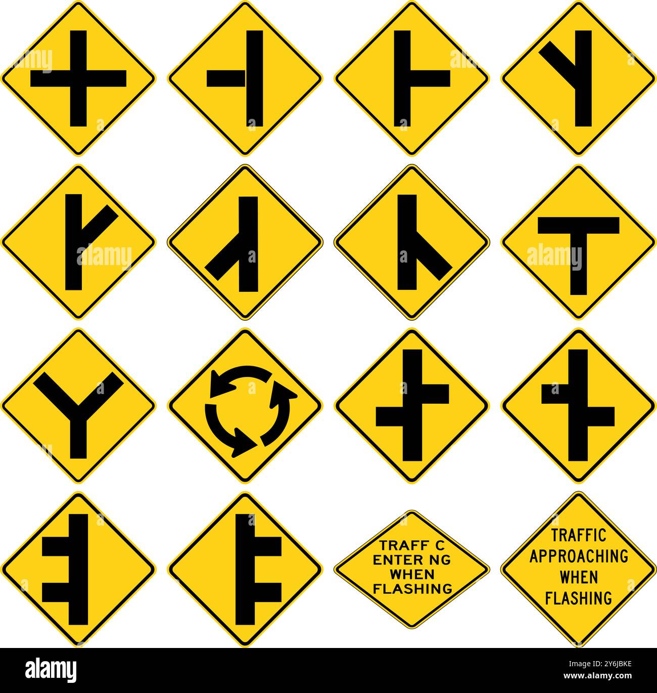 Intersection and Roadway Traffic Signs: Crossroads, T-Intersections, Y-Intersections, Roundabouts, Side Roads, and Flashing Traffic Alerts. Road signs Stock Vector