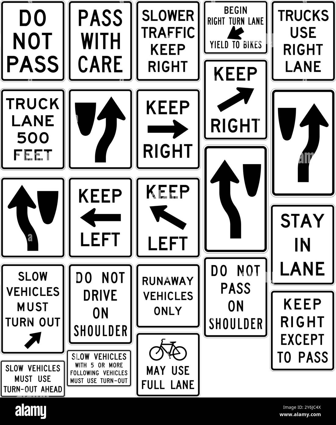 Comprehensive Set of Passing, Lane Use, and Traffic Control Signs: Do Not Pass, Keep Right, Slow Vehicles, and Bike Lane Guidance for Road Safety. Roa Stock Vector