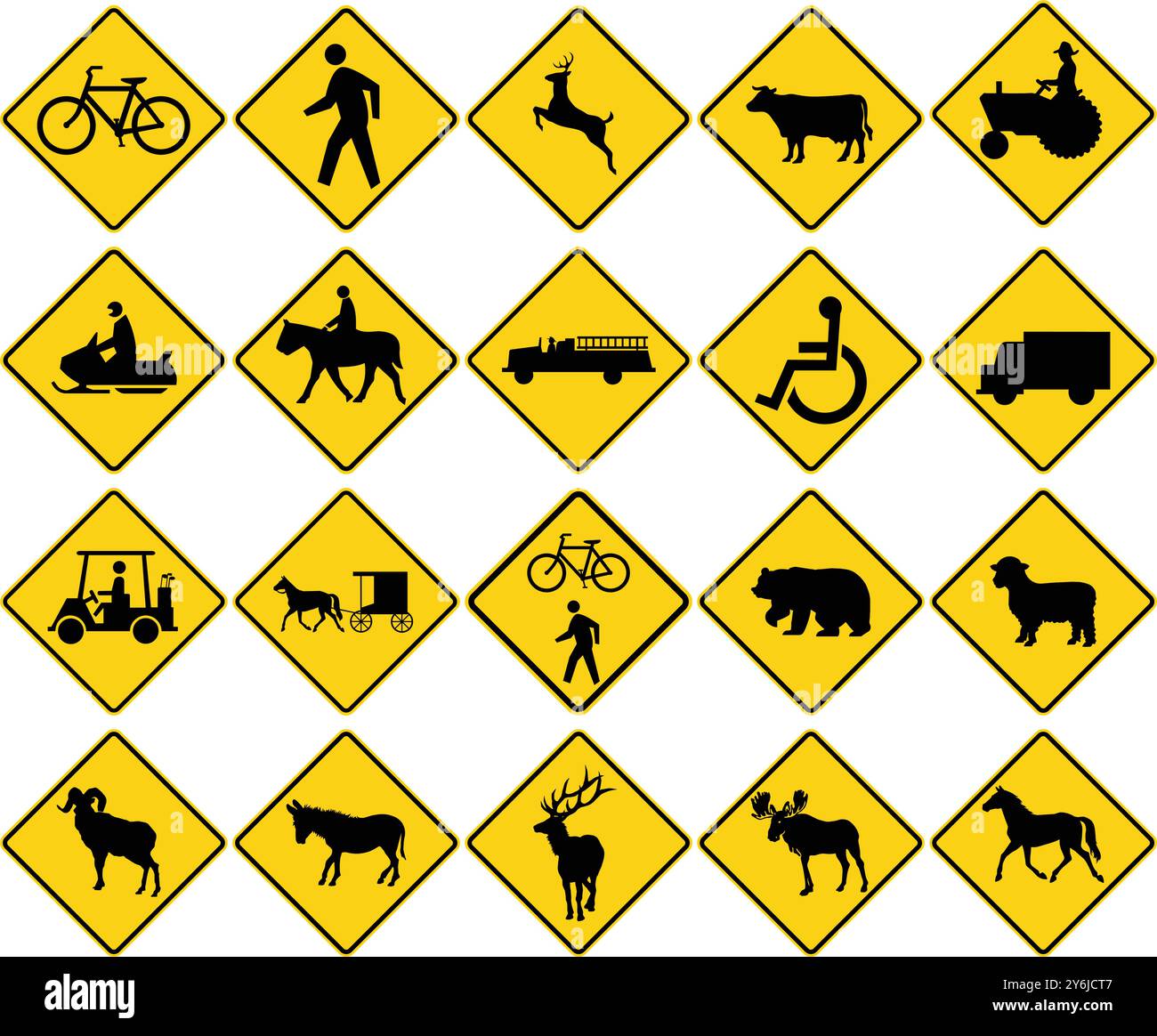 Advance Road Warning Signs Collection Featuring Bicycles, Pedestrians, Deer, Cattle, Farm Vehicles, and Wildlife. Road signs in the United States. Stock Vector