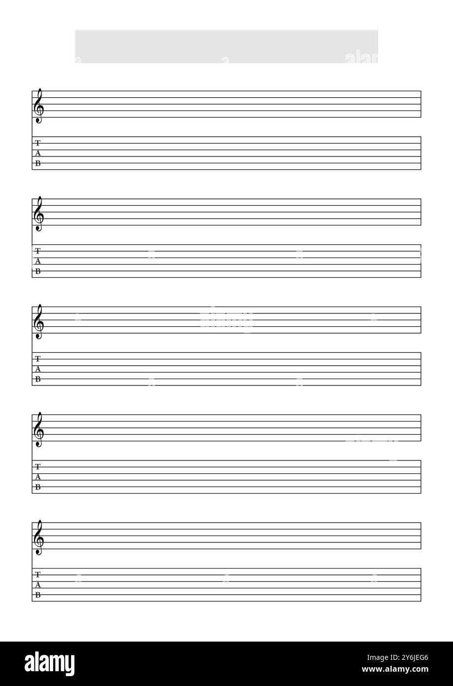 Blank Guitar (6 strings) tablature with music score staff (G Clef) sheet template to write music. Printable A4 format in portrait mode Stock Photo