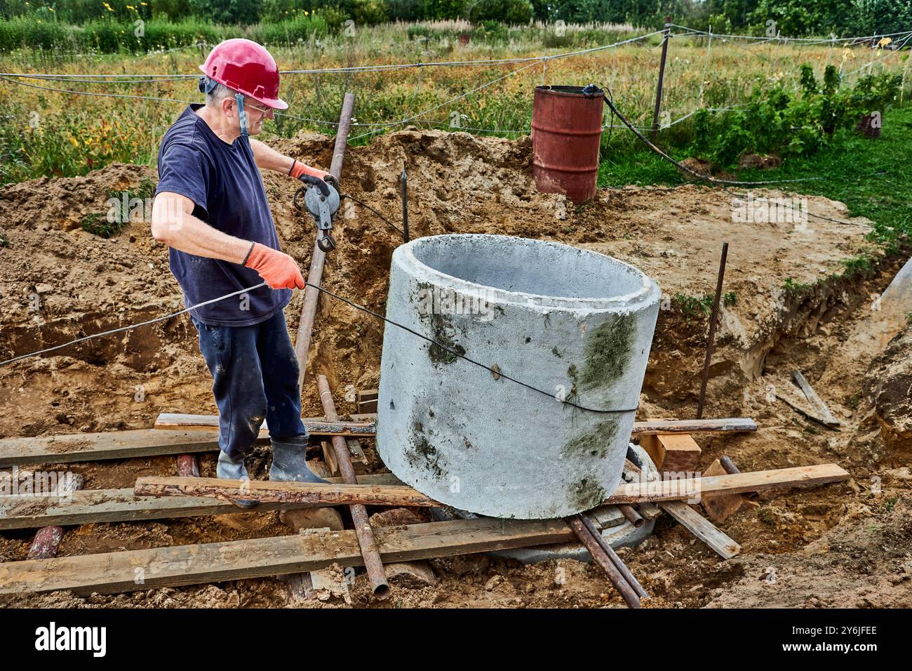 Septic Tank Rigging Rigger pushed one concrete ring onto another during construction of ...