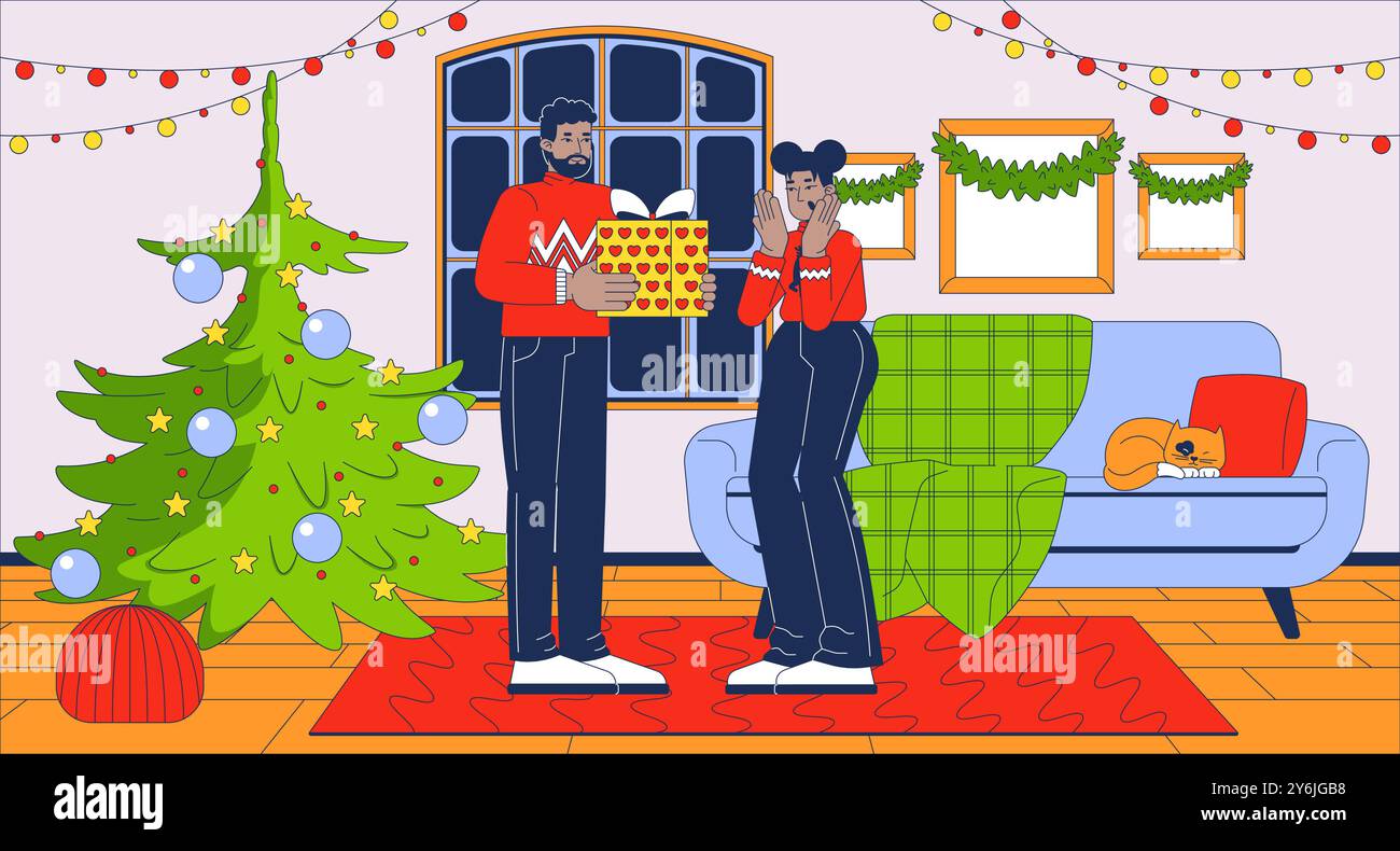 African american husband giving Christmas gift to wife flat ...