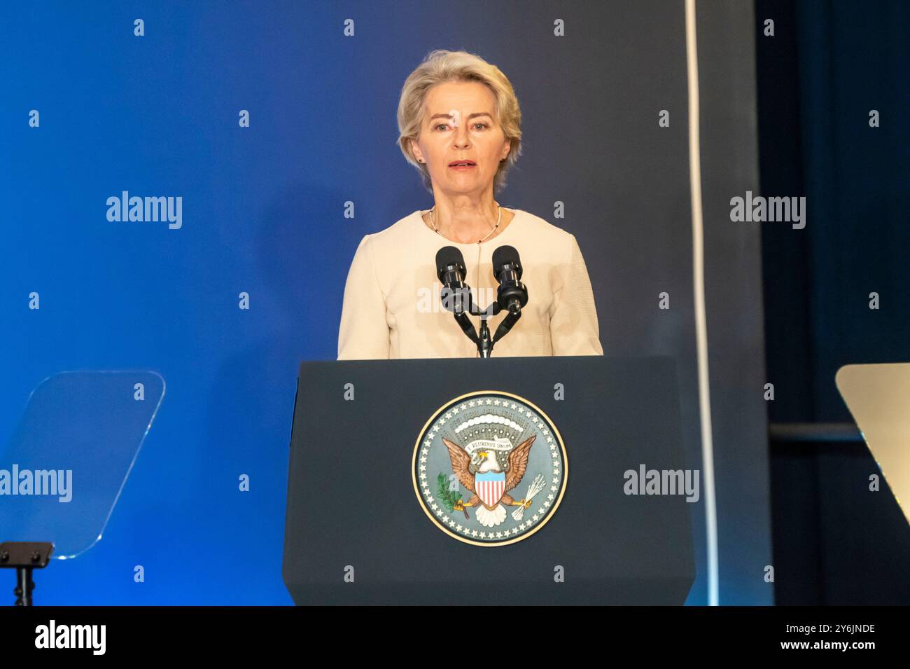 President of the European Commission Ursula von der Leyen speaks at an ...