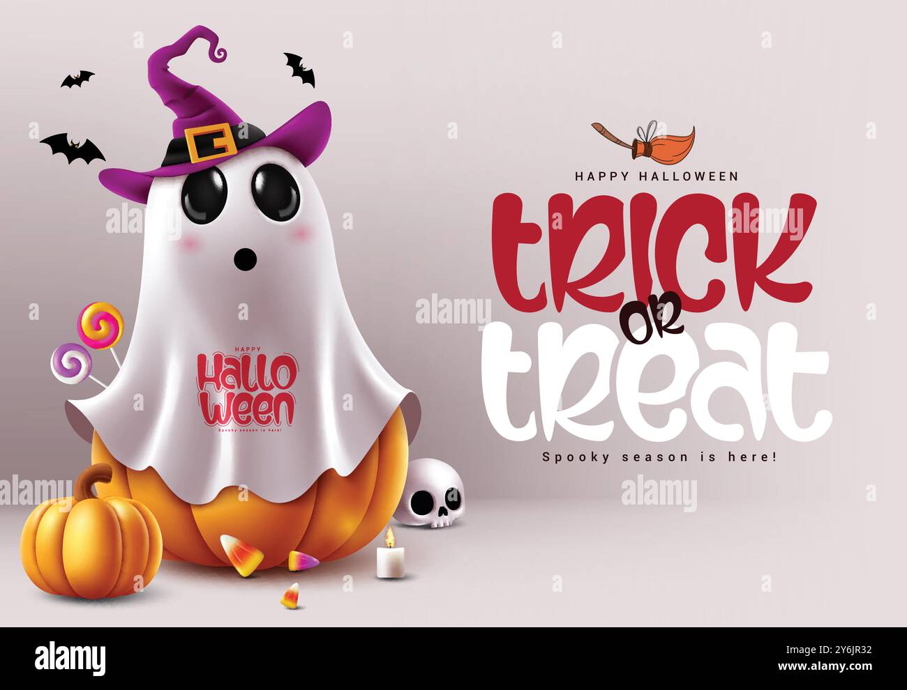Trick or treat halloween text vector design. Halloween greeting card with ghost pumpkin character wearing witch hat costume in spooky seasonal Stock Vector