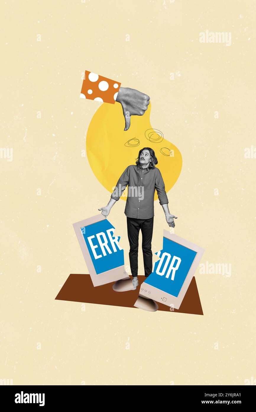 Creative drawing collage picture of confused man freelancer error ...