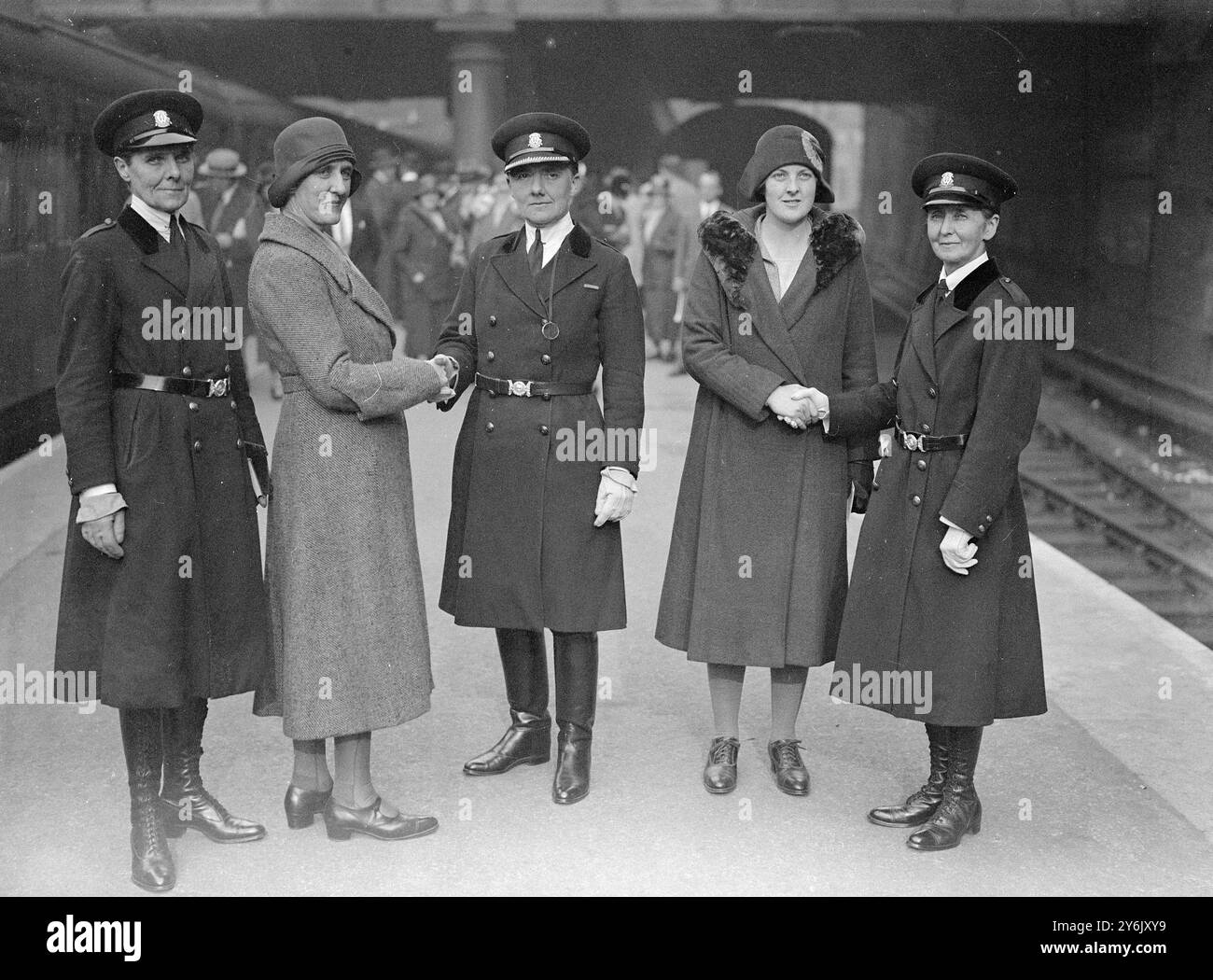 At Victoria Railway Station , London , England Women Police leave for duty in Cairo , Egypt  Left to Right : Inspector Tagart , Miss Helen Hoskyn , Commandant Mary Allen , Miss Barbara De Vitre and Chief Inspector Cambell .  15 October 1931 Stock Photo