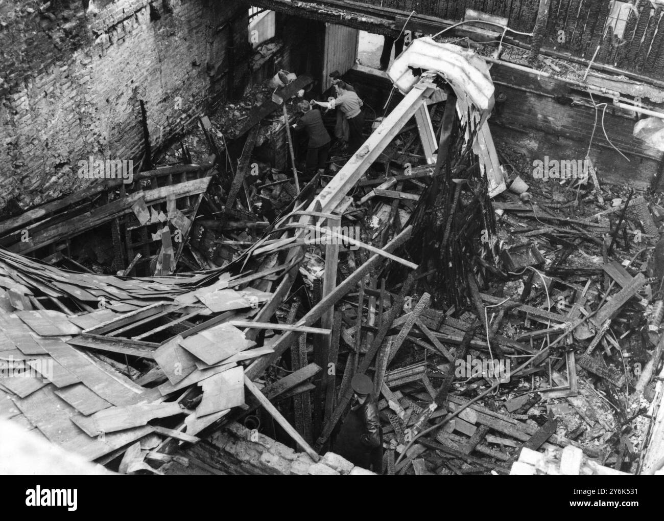 Dublin : A view of the burnt out shell of Dublin ' s historic Abbey Theatre , which was destroyed by fire which swept through the building a few hours after a production of Sean  O ' Caseys ' The Plough and the Stars ' 18th July , 1951 Stock Photo