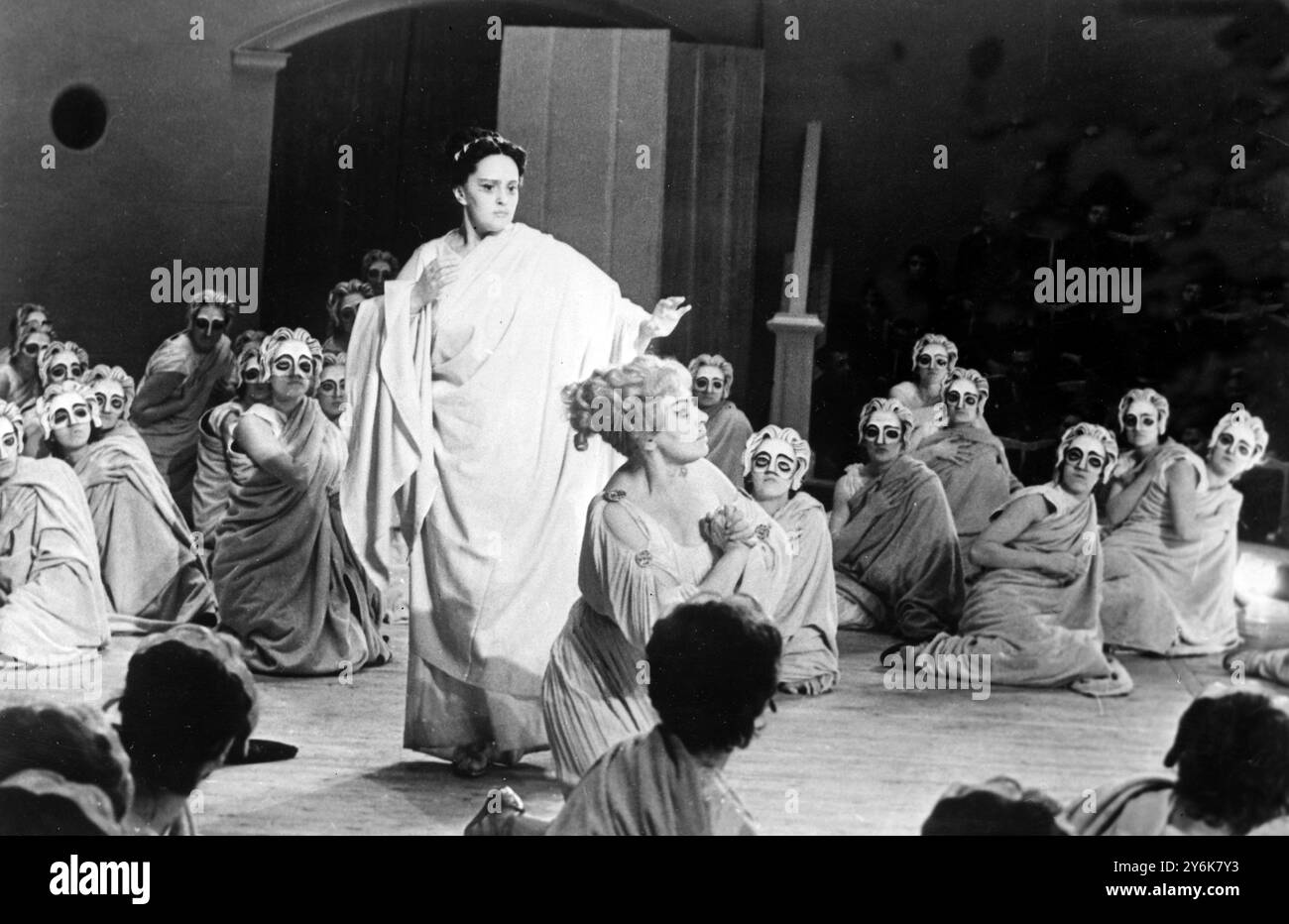 The Vlad Mayakovsky  Moscow Theatre  recently staged the Euripides Play Medea with V Gerdrikh in leading role ( kneeling ) with Korife actress S Zaikov (standing centre) and members of the cast in a scene from the first  act of the play 27 December 1961 Stock Photo